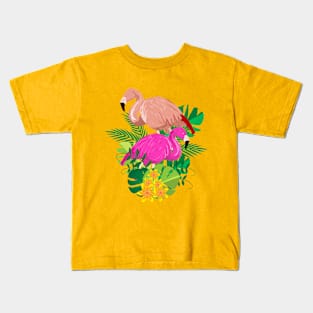 Two Flamingos in the middle of a bouquet Kids T-Shirt